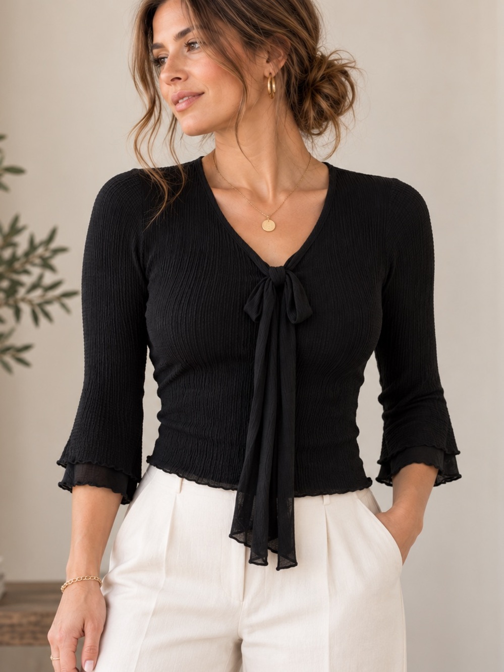 Ports 1961 Silk Double Layer Crinkle Tie Neck Blouse Black